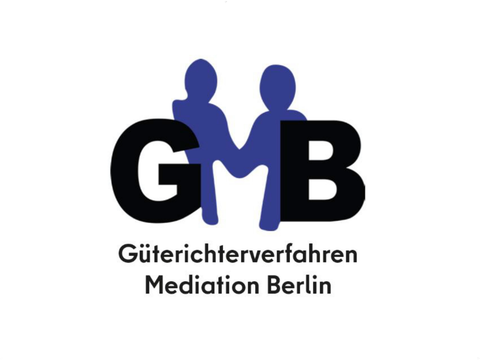 Logo mit zwei sich händereichenden Personen und den Buchstaben G und B für Güterichterverfahren und Berlin