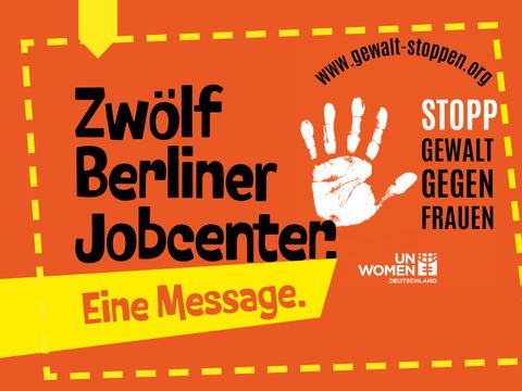 Auf orangenem Hintergrund steht "Zwölf Berliner Jobcenter. Eine Message.