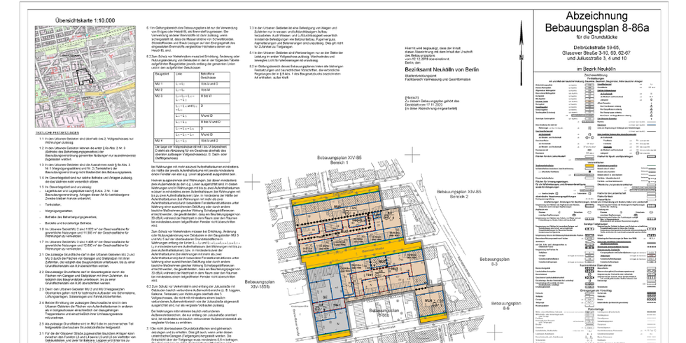 Planzeichnung von Bebauungsplan 8-86a, Kartenansicht, Festsetzungen, Bebauungsplan und Legende