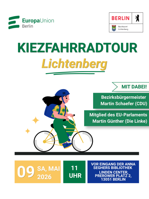 Flyer zur Europa-Fahrradtour in Berlin-Lichtenberg am 9. Mai 2026 um 11:00 Uhr