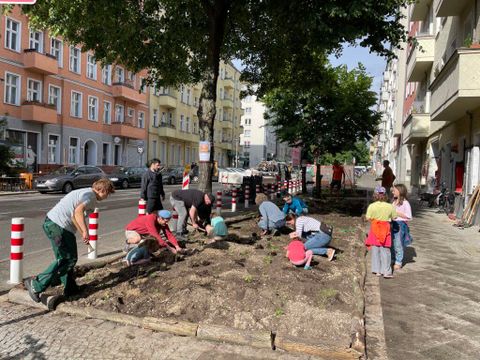 Viele Menschen bepflanzen gemeinsam ein Beet entlang einer Straße
