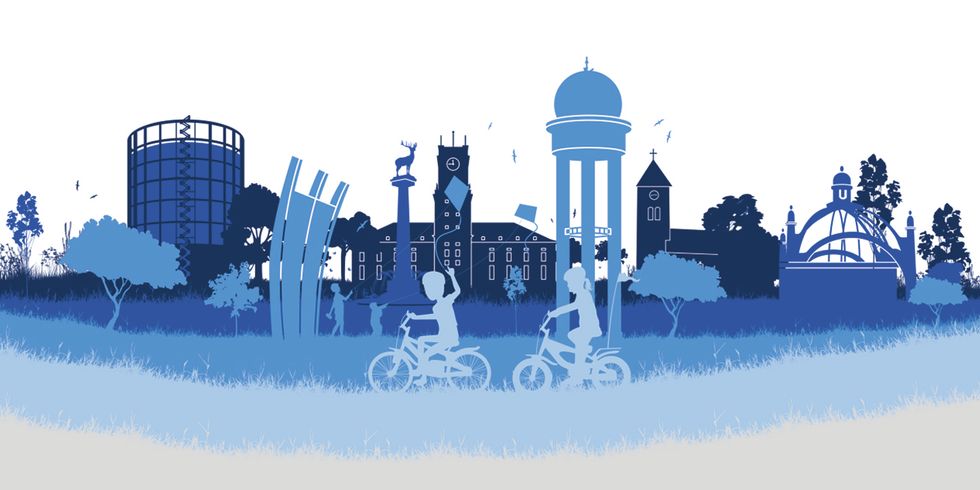 Stilisierte Skyline mit markanten Gebäuden des Bezirks Tempelhof-Schöneberg