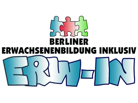 Logo Berliner Erwachsenenbildung inklusiv. Schriftzug ERW-IN darüber drei verschieden farbige Puzzleteile, die ineinandergreifen.