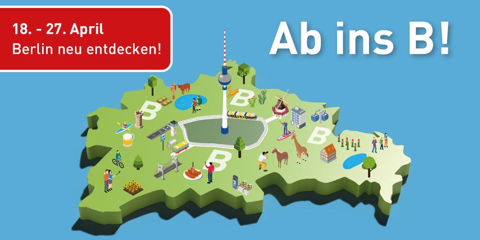 Bunte Grafik des Projekts "Ab ins B!"; vom 18. bis 27. April; im Bereich der B-Tarifzone sind unterschiedliche Attraktionen verteilt.