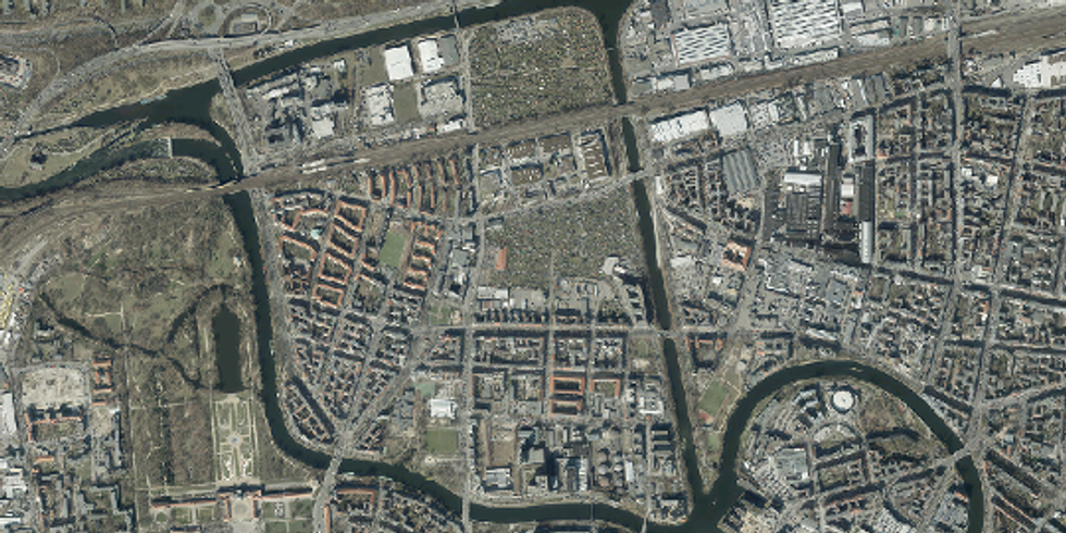 Senkrechtes Luftbild der Mierendorffinsel