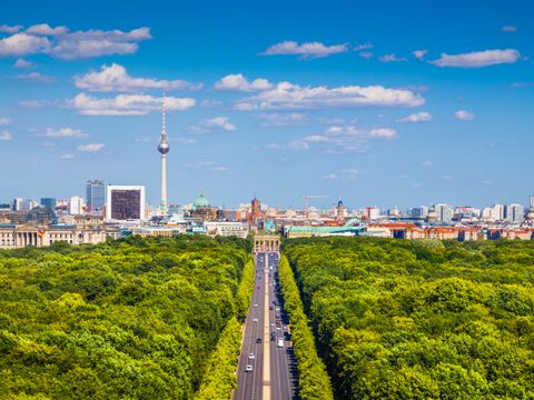 Berliner Skyline mit Tiergarten im Sommer, Deutschland