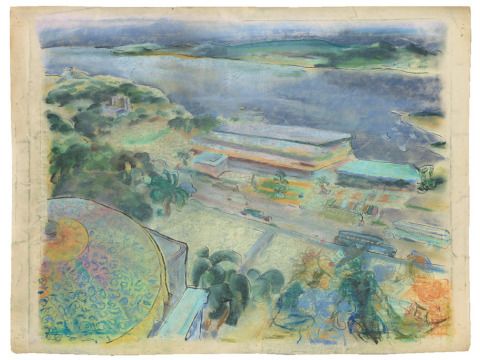 Egmont Schaefer: Kaffeehausterrasse mit Sonnenschirm, 1928, Pastellkreide über Tusche auf Papier, 52 x 68,2 cm (Bild: Kunstsammlung Pankow/Verein Berliner Kabinett)