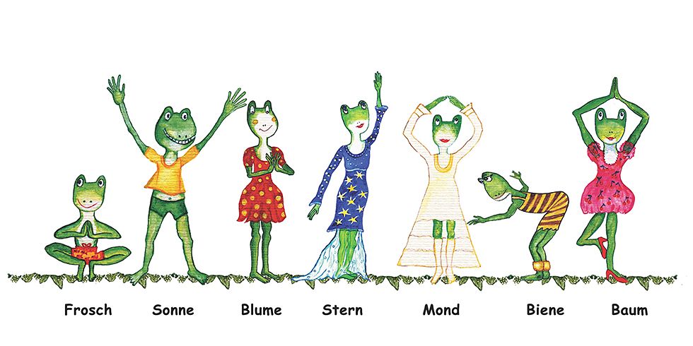 Yogafrösche - Comicfiguren in verschiedenen Yogapositionen des Sonnengrußes