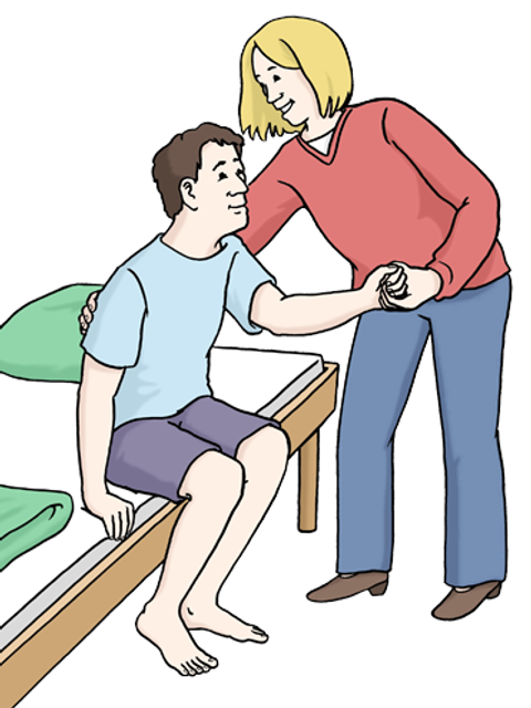 Illustration einer Frau, die einem Mann aus dem Bett hilft