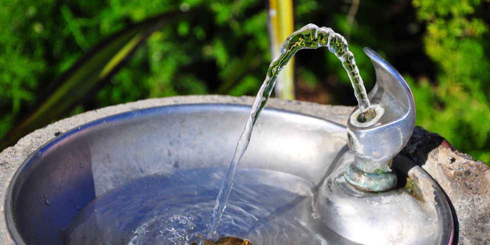 Trinkwasserbrunnen mit runder metallischer Schale