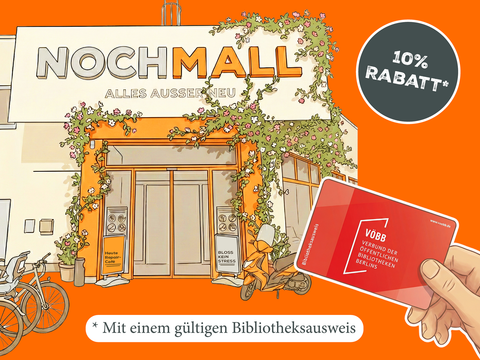 Grafik mit Eingang der NochMall im Hintergrund und einem Bibliotheksausweis im Vordergrund, rechts oben ein Button mit dem Inhalt „10% Rabatt“
