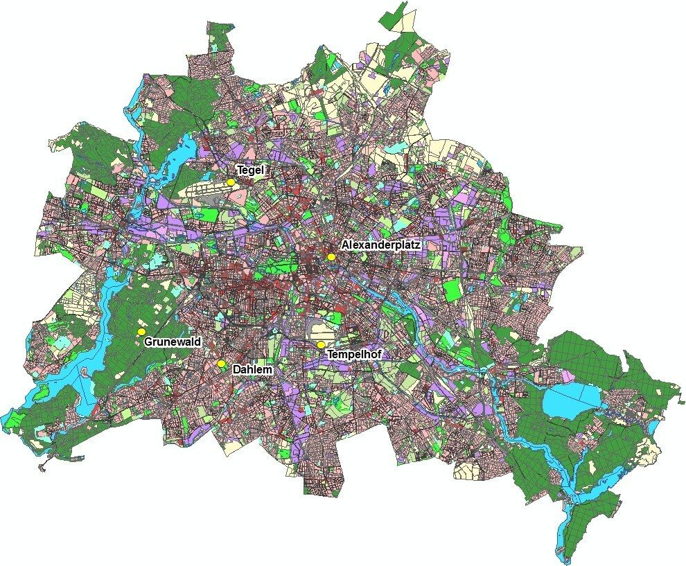 Abb. 1: Lage der ausgewerteten Berliner Klimastationen im Stadtgebiet von Berlin. Die Messstandorte sind durch gelbe Kreise gekennzeichnet. (Bild: SenStadtUm 2015)