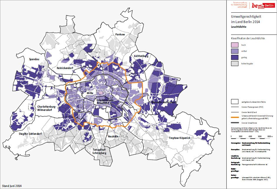 Abb. 7: Verteilung der Leuchtdichte auf der Ebene der Planungsräume in Berlin (Bild: Gabriel, K. et al. 2015)