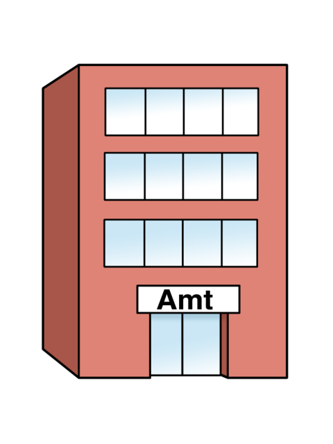 Illustration eines Gebäudes mit dem Schriftzug Amt über der Tür