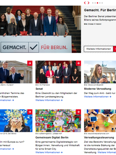 Hauptteil der Webseite mit Teasern