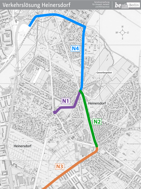 Netzelemente Verkehrslösung Heinersdorf (Bild: SenUMVK / Karte: Geoportal Berlin)