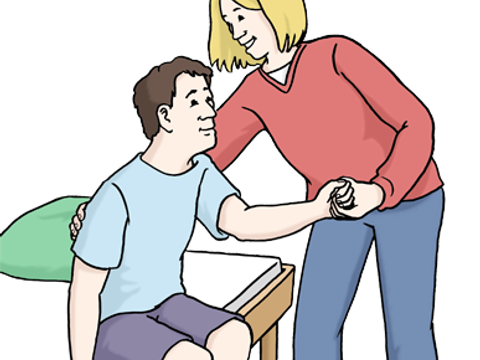 Illustration einer Frau, die einem Mann aus dem Bett hilft