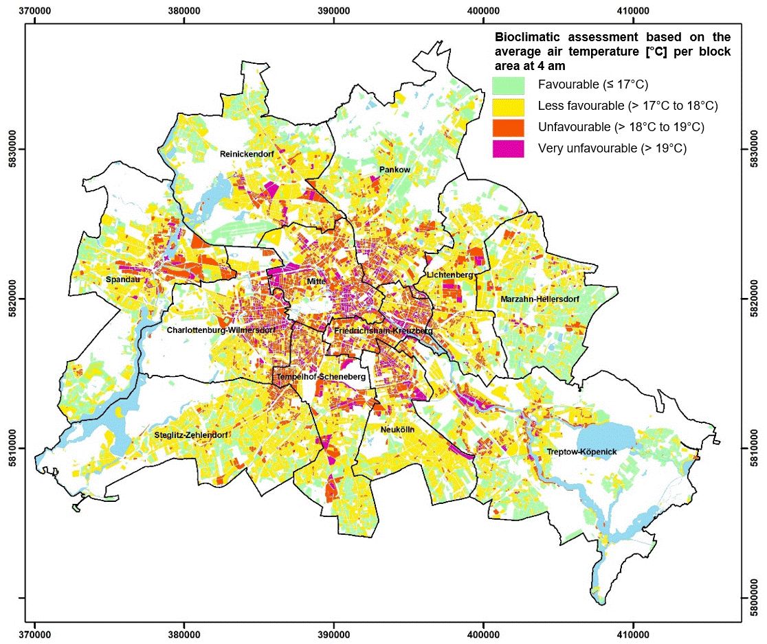 Figure 18: Spatial distribution of assessment classes for bioclimatic conditions in Berlin’s settlement areas (nighttime)
