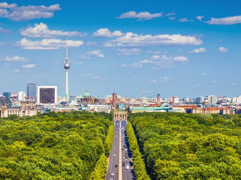 Berliner Skyline mit Tiergarten im Sommer, Deutschland