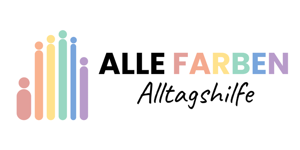 Das Logo der AlleFarben Alltagshilfe zeigt stilisierte, unterschiedlich hohe Figuren in sanften Regenbogenfarben – sie symbolisieren Vielfalt, Zusammenhalt und respektvolle Unterstützung im Alltag. Rechts daneben steht der Schriftzug „ALLE FARBEN Alltagshilfe“.