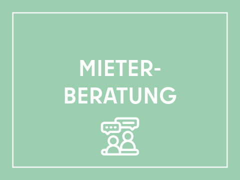 Kachel Schriftzug "Mieterberatung", Symbol zwei figuren mit Sprechblasen über den Köpfen. Weiße Schrift auf hellgrünem Hintergrund