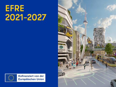 Digital erstelltes Bild zeigt eine Straße mit Straßenbahn und Menschenmenge