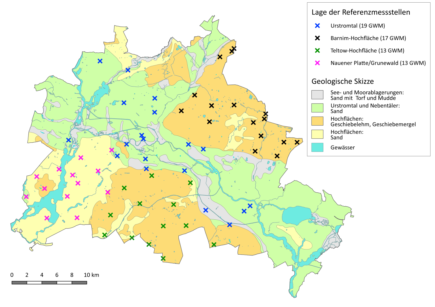 Abb. 11: Lage und Anzahl der charakteristischen Grundwassermessstellen in den jeweiligen hydrogeologischen Teilräumen (Bild: Umweltatlas Berlin)