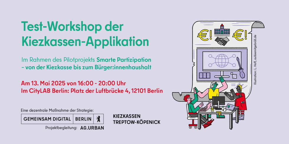 Bildgrafik mit Symbolen für Geld und Beteiligung sowie Ankündigung für Test-Workshop