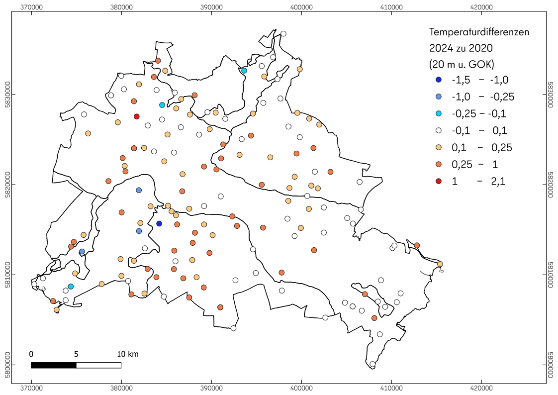 Abb. 14: Temperaturdifferenzen in 20 m Tiefe von 2024 zu 2020