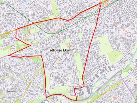  Die Karte bildet die festgelegten Grenzen des Städtebauförderprogramms Sozialer Zusammenhalt und der Quartiersmanagementgebiete in der Bezirksregion Teltower Damm ab.