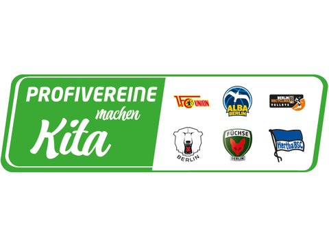 Logo "Profivereine machen Kita". Schriftzug und Logos der Berliner Profisport Vereine