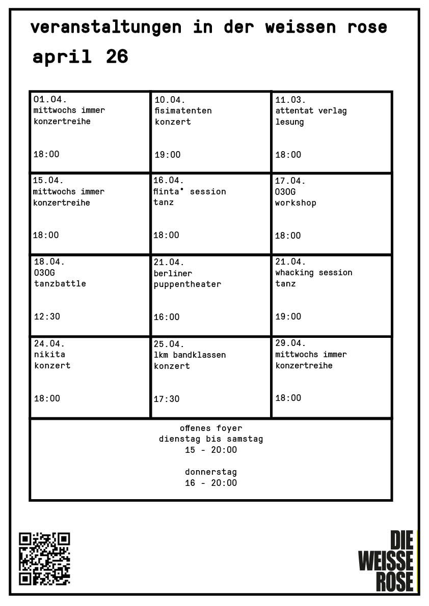monatsprogramm für april- alle infos stehen auch unter dem reiter programm