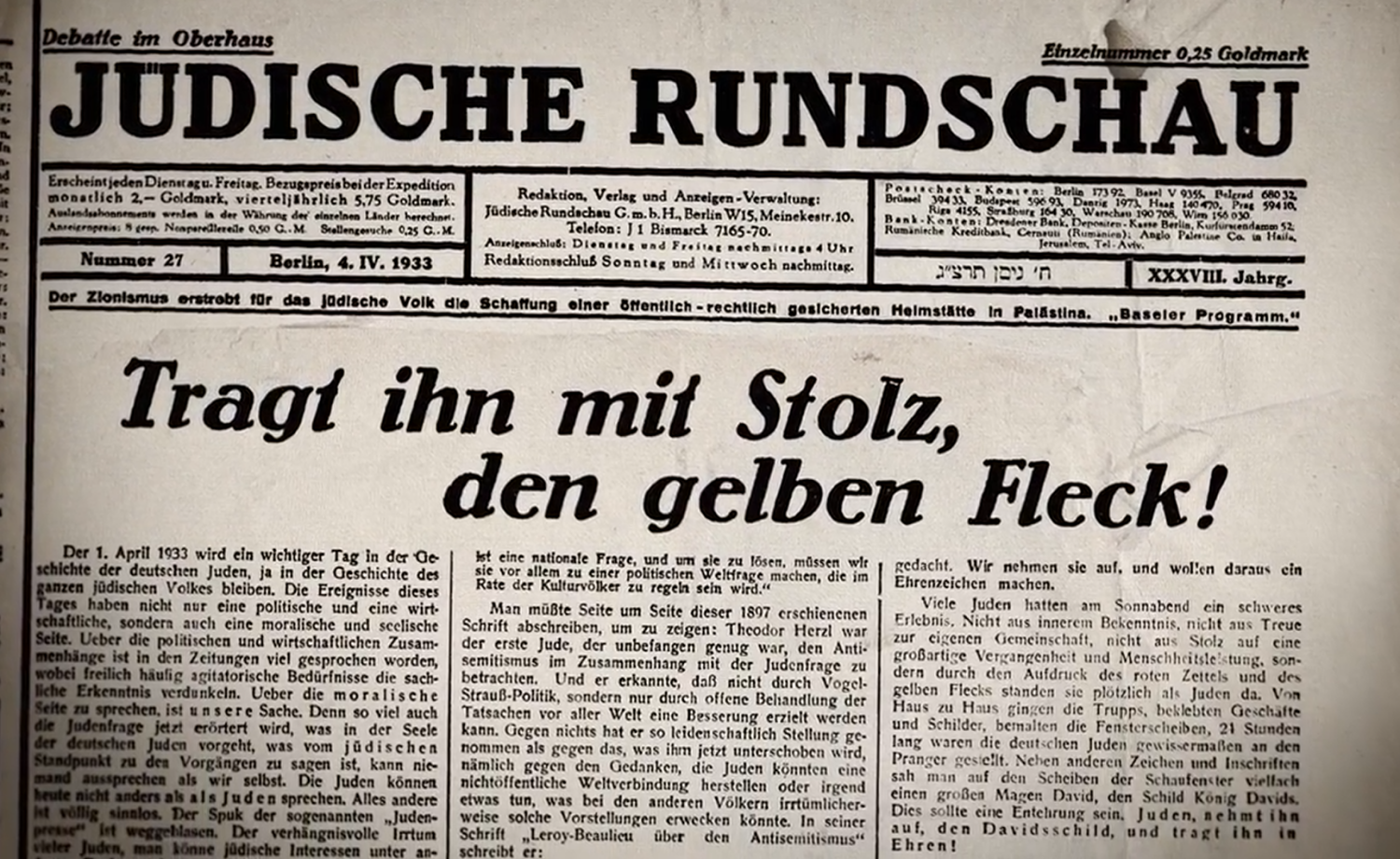 Titelseite der "Jüdischen Rundschau" von April 1933 mit der Schlagzeile "Tragt ihn mit Stolz, den gelben Fleck!"