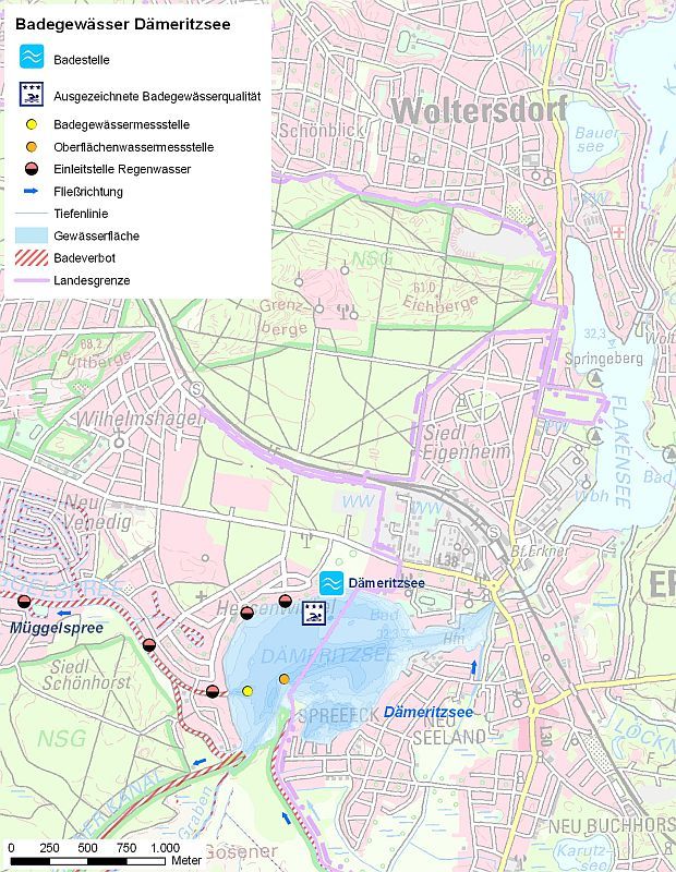 Abb.1: Übersicht des Badegewässers Dämeritzsee, Probenahmestelle und Einleitstellen.