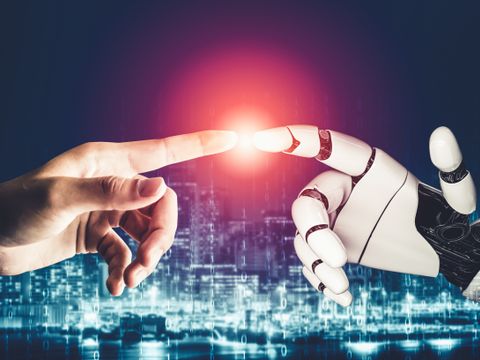 Futuristic AI thinking of droid robot artificial intelligence concept