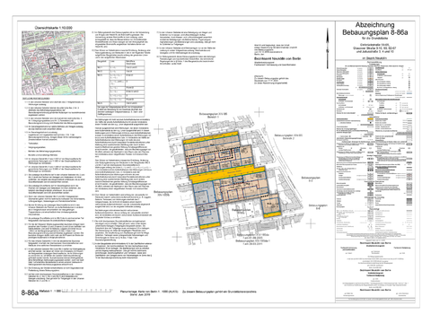 Planzeichnung von Bebauungsplan 8-86a, Kartenansicht, Festsetzungen, Bebauungsplan und Legende