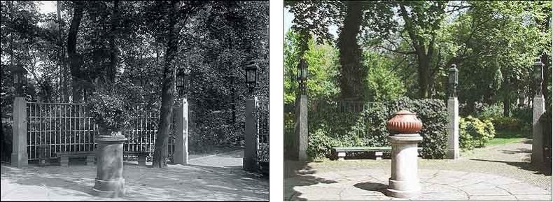 Fotovergleich historisch und heute - Das kleine Rondell mit Blumenvase im Schustehruspark