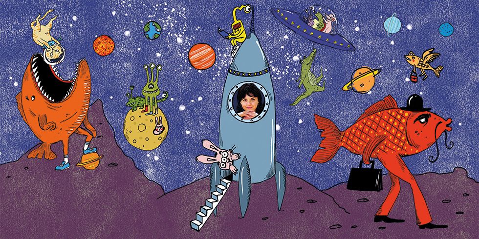 Illustration - interplanetarische Fantasiewelt in intensiven Farben, mit Rakete, laufenden Fischen, Flugobjekten