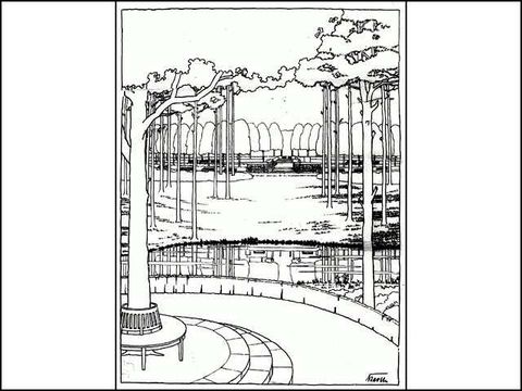 Erwin Barth - Sachsenplatz (Brixplatz), Blick von der Rundbank über das Platzinnere, um 1919, Tusche/Transp.