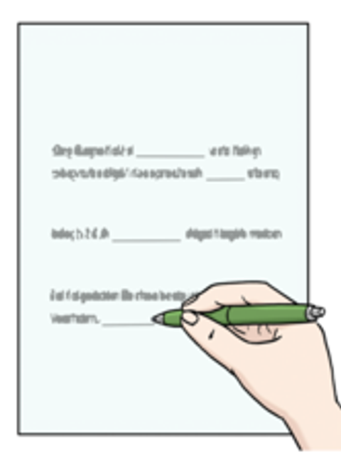 Hand füllt Lückentext in einem Formular