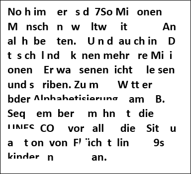 Beispieltext mit lückenhaften Auslassungen: "No h im er s d 7So Mi onen M nsch n w ltw it An al h be ten. U n d au ch in D t s ch l nd k nen mehr re Mi i onen Er wa senen icht le sen und s riben. Zu m W tt er bder Alphabetisierung am B. Seq em ber m hn t die UNES CO vor all die Sit u a t on von Fl üch t lin 9s kinder n an."