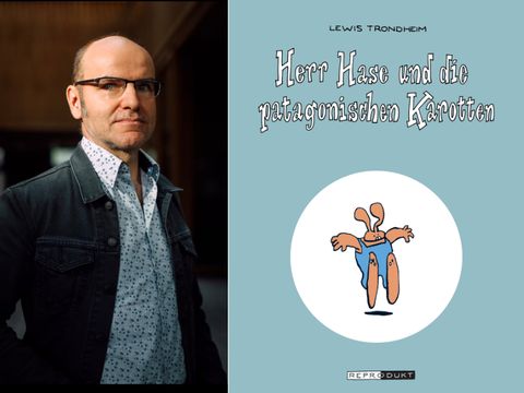 Foto von Lewis Trondheim und Buchcover Herr Hase und die patagonischen Karotten