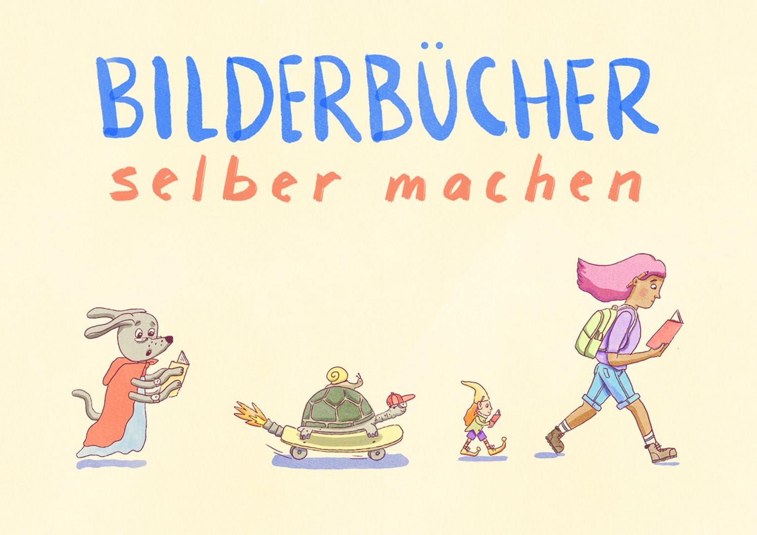 Illustration mit Veranstaltungstitel und vier Figuren, die lesend durchs Bild ziehen.
