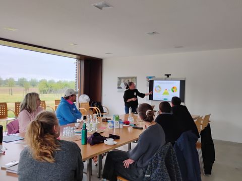 Erwachsene Menschen sitzen um einen Tisch, eine Frau hält einen Vortrag