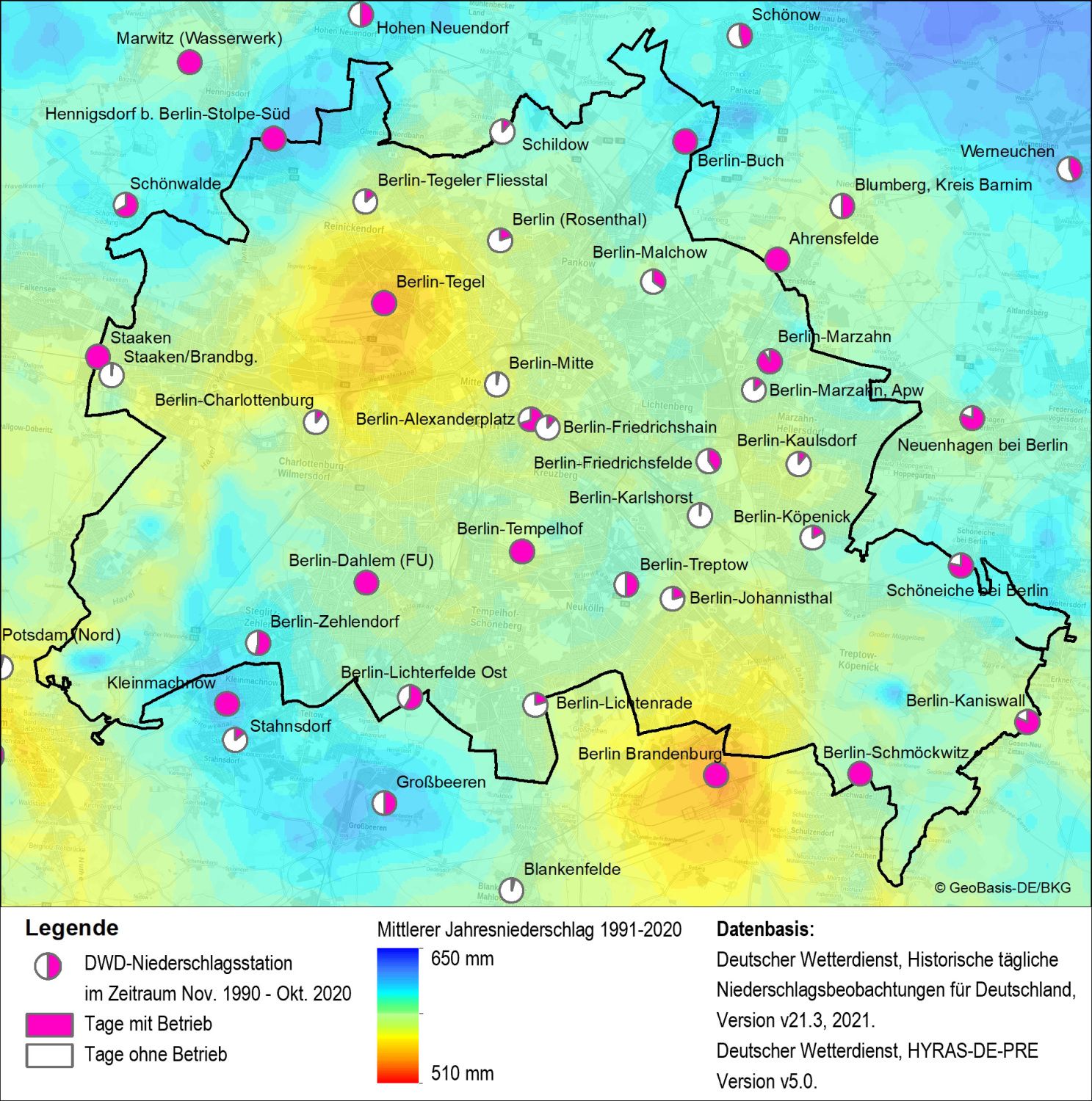 Abb. 2: Aktive Niederschlagsstationen des DWD im Zeitraum November 1990 bis Oktober 2020 (Bild: ProAqua unter Verwendung von DWD Climate Data Center (CDC): Historische tägliche Niederschlagsbeobachtungen für Deutschland, Version v21.3, 2021 und DWD 2022b)