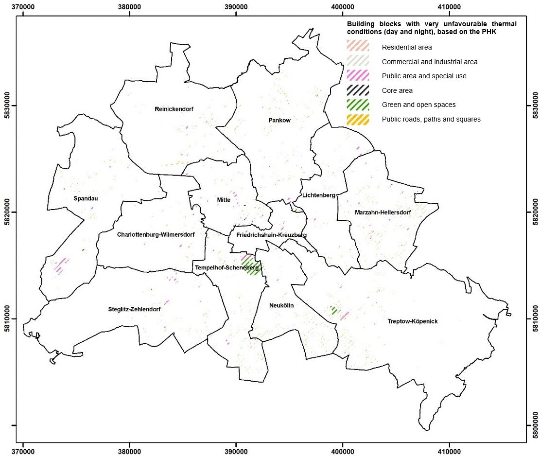 Figure 24: Areas particularly affected by urban climate impacts in Berlin