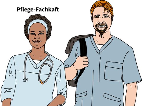 Eine Pflegefachkraft und ein Pflegeassistent stehen beieinander