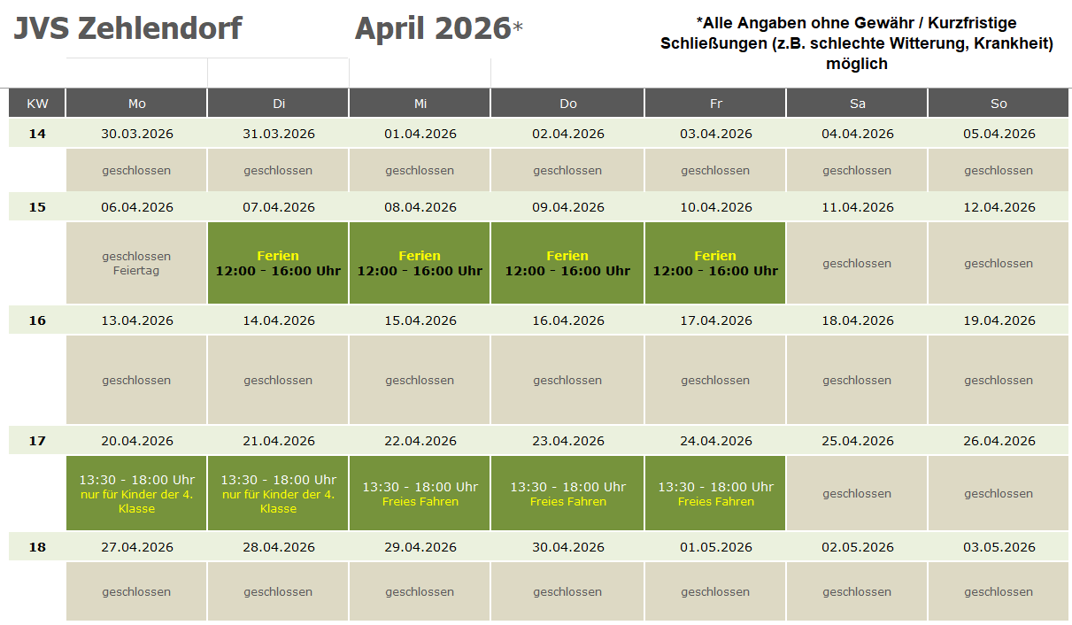 Öffnungszeiten JVS Zehlendorf 04/2026