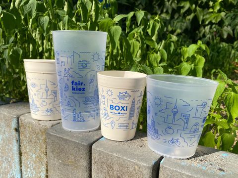4 fairKiez boxi Becher unterschiedlichen Formats in der Sonne auf einer kleinen wand, 2 sind durchsichtig, 2 weiß/beige