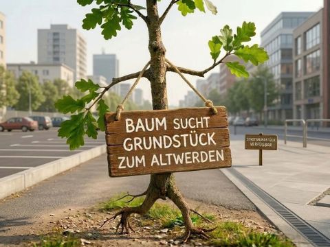 junger Eichenbaum läuft durch eine versiegelte Stadt, er trägt ein Schild mit der Aufschrift Baum sucht Grundstück zum Altwerden